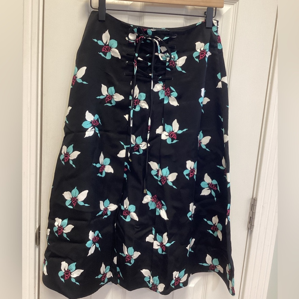 Anthropologie Maeve Zadie Lace Up Midi Skirt Black Floral SZ 0 Fairycore